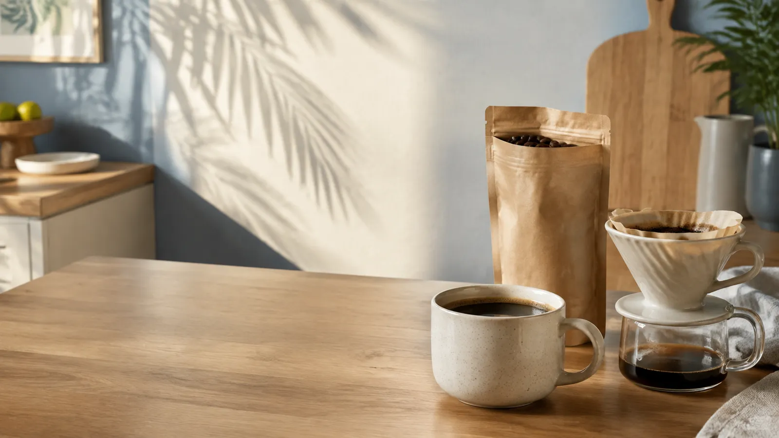 Fresh pour-over coffee in a sunlit coastal kitchen